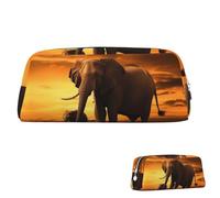 Estuche de cuero con cremallera para lápices, bolsa estética para bolígrafos, atardecer, padres-hijos, elefante, bolsa de maquillaje para hombres y mujeres, Silver, Talla única