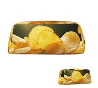 Estuche de cuero con cremallera para lápices, bolsa estética para bolígrafos, patatas fritas, bolsa de maquillaje para hombres y mujeres, Gold, Talla única