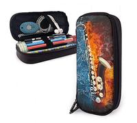 Estuche de cuero para lápices de saxofón de agua y fuego, con cremallera, organizador divertido para lápices para la escuela, mujeres y estudiantes, color, 5.0cm*10.5cm*20.5cm, Estuche para lápices