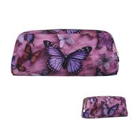 Estuche de cuero para lápices, estuche para lápices de gran capacidad, estuche estético para bolígrafos, organizador con cremallera, portátil, grande, todas las mariposas están sobre fondo morado, e