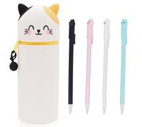 Estuche de Gatos Silicona Suave 2 en 1 Y 4 bolígrafos borrables con Tinta,Soporte para bolígrafos de Mesa Kawaii,Gatos Estuche Escolar de Silicona Suave,Soporte para bolígrafos para Niños Niñas
