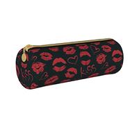Estuche de lápices cilíndrico de Cuero Labios Rojos Patrón de Beso Bolsa de Almacenamiento de lápices portátil Estuche para bolígrafos Útiles Escolares