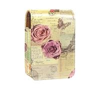 Estuche de lápiz labial portátil con patrón de tarjetas postales de París vintage para viajes, mini caja de almacenamiento de lápiz labial con espejo para mujeres y mujeres, bolsa de cosméticos de cuero, Varios colores, 9.5x2x7 cm/3.7x0.8x2.7 in