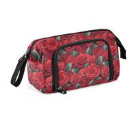 Estuche de lona de gran capacidad para lápices, bolsa de maquillaje para oficina, universidad, escuela, niños, adolescentes, estudiantes, hojas rojas y rosas, patrón de azulejos, Patrón de azulejos de