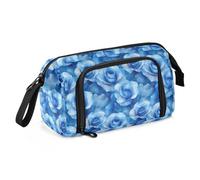 Estuche de lona de gran capacidad para lápices, bolsa de maquillaje para oficina, universidad, escuela, niños, adolescentes, estudiantes, azulejos blancos rosados, patrón azul plano, Azulejo blanco