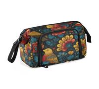 Estuche de lona de gran capacidad para lápices, bolsa de maquillaje para oficina, universidad, escuela, niños, adolescentes, estudiantes, rojo, amarillo, azul, flores, pájaros