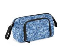 Estuche de lona de gran capacidad para lápices, bolsa de maquillaje para oficina, universidad, escuela, niños, adolescentes, estudiantes, azul, blanco, negro, espirales, teñido anudado, Azul, blanco