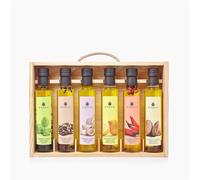 Estuche de Madera de 6 Condimentos Gourmet de Aceite de Oliva con Ajo, Guindilla, Albahaca, Boletus, Pimienta y Limón - AOVE para Condimentar Platos - Mejor Selección ENOVINOS