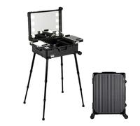 Estuche de maquillaje con luz LED, organizador profesional de cosméticos con soporte rodante, estación de tocador iluminada, negro (rayas), 52x40x22.5cm