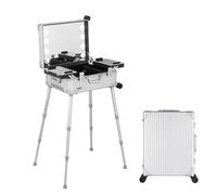 Estuche de maquillaje con ruedas de aluminio con luz LED, organizador de maquillaje profesional para estudio con soporte, estación de tocador con ruedas e iluminación (negro) (color: cuadros negros