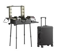 Estuche de maquillaje con ruedas de aluminio, espejo grande con 6 lámparas, organización de cosméticos con bloqueo de código, estuche de maquillaje plegable para viajes y estudio profesional, negro,