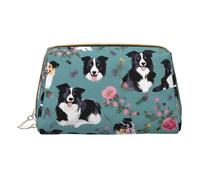Estuche de maquillaje de cuero con estampado turquesa brillante para bolso de mano, bolsa cosmética, bolsa de aseo para mujer, Border Collie Florals, One Size