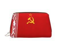 Estuche de maquillaje de mano impreso con la bandera de Bielorrusia, espacioso organizador de artículos de tocador diseñado para brochas y artículos de tocador, Gold, One Size