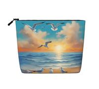 Estuche de Maquillaje de una Sola Capa con Aspecto de Lino y Cremallera con diseño de gaviotas Junto al mar Que Garantiza Tus Necesidades diarias o de Viaje