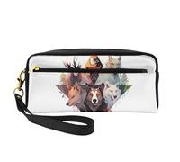 Estuche de maquillaje pequeño con diseño de lobos y renos, estuche de doble cara de piel sintética