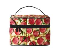Estuche de maquillaje portátil grande con estampado de pizza, versátil con cremallera para bolsa de maquillaje, poliéster de gran capacidad, color negro, talla única, Negro, One Size