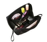 Estuche de maquillaje simple y liso para mujer, mini neceser de maquillaje, neceser de viaje portátil, pequeño estuche de almacenamiento multibolsillos, All Black, 16*10*7 cm