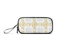 Estuche de nailon con diseño retro de flores cruzadas de lujo blanco y dorado para estudiantes universitarios, gran capacidad, con cremallera, papelería escolar para mujer preparada