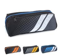 Estuche de papelería deportivo para niños y adolescentes, escuela secundaria, 2 compartimentos, negro, azul, naranja, amarillo, 2 rayas