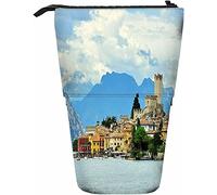 Estuche de papelería telescópico con diseño de paisaje, caja de almacenamiento con cierre de cremallera para mujeres, hombres, niños, niñas, lago, naturaleza, casa, barco, castillo, montaña, árbol, c