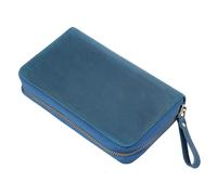 Estuche de piel auténtica con múltiples compartimentos, planificador de herramientas de escritura tradicional con acabado oxidante, estuche de cuero transportable para viajes, Azul sartén