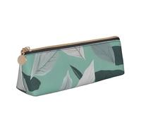Estuche de piel con estampado de hojas de color gris menta de gran capacidad, bolsa suave con cremallera, para escuela, viajes, maquillaje