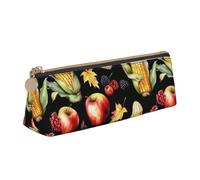 Estuche de piel con estampado de hojas de otoño con texto "Happy Thanksgiving Day" de gran capacidad, bolsa lisa con cremallera, para escuela, viajes, maquillaje