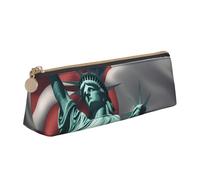 Estuche de piel con estampado de la bandera de la Estatua de la Libertad de gran capacidad, bolsa lisa con cremallera para bolígrafos, escuela, viajes, maquillaje