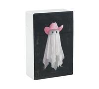 Estuche de plástico para cigarrillos con forma de fantasma con sombrero de vaquero rosa y sábana blanca.