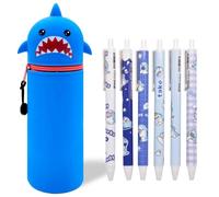 Estuche De Silicona Suave 2 En 1, 6 bolígrafos de tiburón, Tiburón Azul Bonito Estuche De Silicona, Estuche Telescópico De Silicona, Bonito Estuche para Niños, Escuela, Hogar y Oficina