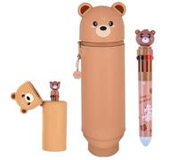 Estuche de silicona y bolígrafo, estuche Kawaii con diseño de oso, resistente al agua con cremallera, bolígrafo de diez colores, ideal para la escuela, la oficina y los viajes