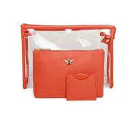 Estuche de viaje de lujo de 3 piezas con espejo redondo compacto en una bolsa de cuero vegano a juego (naranja)