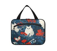 Estuche de viaje para colgar artículos de tocador con diseño de gato blanco y flores rojas con gancho, organizador de cosméticos lavable para viajeros, cruceros, bolsa para guardar maquillaje, L