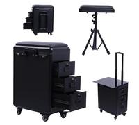 Estuche de viaje para tatuajes, carrito de maquillaje con ruedas con 3 cajones, mesa de tatuaje portátil 2 en 1 con soporte de reposabrazos ajustable, para maquilladores de viajes, técnicos de uñas