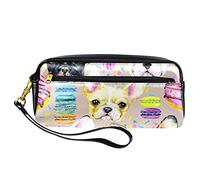 Estuche divertido con diseño de bulldog con patrón de macarrón, bolsa de piel sintética con cremallera para niños y niñas, suministros escolares y de oficina