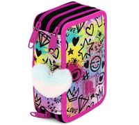 Estuche Escolar 3 Cremalleras Completo Niña 6-12 Años - Diseño Shiny Mood con Llavero Pompón - 46 Piezas Material Escolar - Plumier Triple con Bolígrafos Borrables, Rotuladores y Lápices