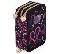 Estuche Escolar 3 Cremalleras Completo Niña 6 a 12 Años - Diseño Corazones Lovely Vibes - 46 Piezas Material Escolar - Plumier Triple con Bolígrafos Borrables, Rotuladores y Lápices de Colores