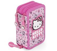 Estuche Escolar 3 Cremalleras Completo Niña - para Hello Kitty Fan - 46 Piezas Material Escolar - Plumier Triple con Bolígrafos Borrables, Rotuladores, Lápices de Colores 6 a 12 Años