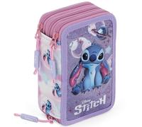 Estuche Escolar 3 Cremalleras Completo Niña - para Stitch Fan - 46 Piezas Material Escolar - Plumier Triple con Bolígrafos Borrables, Rotuladores, Lápices de Colores 6 a 12 Años
