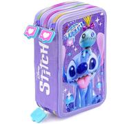 Estuche Escolar 3 Cremalleras Completo Niña - para Stitch Fan - 46 Piezas Material Escolar - Plumier Triple con Bolígrafos Borrables, Rotuladores, Lápices de Colores