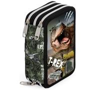 Estuche Escolar 3 Cremalleras Completo Niño 6 a 12 Años - Diseño Dinosaurio T-Rex - 46 Piezas Material Escolar - Plumier Triple Jungle Rex con Bolígrafos Borrables, Rotuladores y Lápices