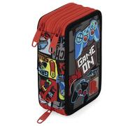 Estuche Escolar 3 Cremalleras Completo Niño 6 a 12 Años - Diseño Videojuegos Gamer Squad - 46 Piezas Material Escolar - Plumier Triple con Bolígrafos Borrables, Rotuladores y Lápices