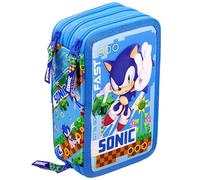 Estuche Escolar 3 Cremalleras Completo Niño - para Sonic Fan - 46 Piezas Material Escolar - Plumier Triple con Bolígrafos Borrables, Rotuladores, Lápices de Colores