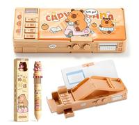 Estuche Escolar Capibara con Candado de Contraseña - Papelería Multifuncional de Doble Cara con Bolígrafo Retráctil de 12 Colores - Regalo Kawaii para Adolescentes, Ideal para Vuelta al Cole