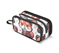 Estuche Escolar Cartuchera para Lápices de Dibujos Animados de Panda Rojo con Té de Burbujas, Bolsa de Gran Capacidad para Niños y Niñas, Bolsa de 3 Compartimentos, Organizador de Papelería