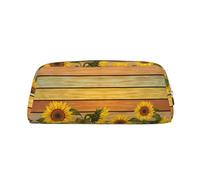 Estuche escolar de cuero con cremallera para bolígrafos de punta redonda con estampado de girasol sobre madera, Gold, Talla única, Neceser de maquillaje