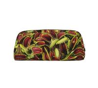 Estuche escolar de cuero con cremallera para bolígrafos y bolígrafos de punta redonda con estampado de plantas carnívoras, Silver, Talla única, Neceser de maquillaje