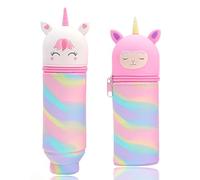 Estuche Escolar de Silicona Blanda 2 en 1, 2 PCS Unicornio Telescópica Estuche para Lápices, portabolígrafos de Mesa, Estuche Escolar Vertical Cierre de Cremallera, para Niños y Niñas