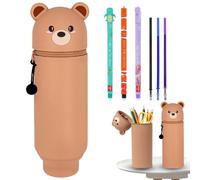 Estuche Escolar de Silicona Blanda 2 en 1+3PCS Bolígrafos de Gel Borrables con Tinta de Borrado Termosensible, Estuche de Silicona Extensible, Portalápices De Mesa, Boligrafo Borrable de Animales