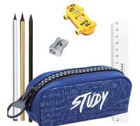 Estuche Escolar Grande - Regalo para Niño 6 7 8 9 Años - Set de Papeleria Completo con Lápices, Goma y Bolígrafos - Cremallera Grande y Gran Capacidad - Regalo Original Cumpleaños Fiesta (STUDY- Azul)